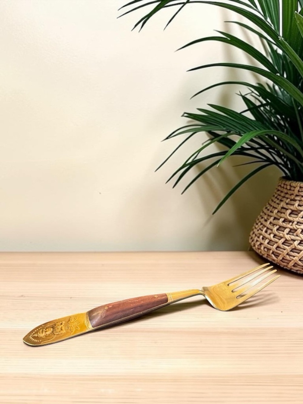 Vintage Siam Thai Brass & Rosewood Buddha Fork Mid Century Flatware - Picture 5 of 7